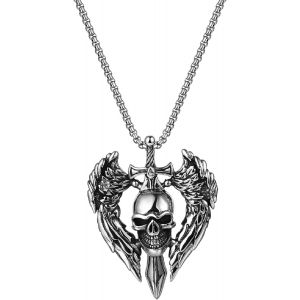 Kal-Collier Pour Homme En Acier Inoxydable - Cr&acirc;ne Gothique - Pendentif Ailes D'ange Avec Cha&icirc;ne De Bl&eacute; - Bijou Viking - Style Punk - Cadeau D'halloween Pour Hommes Et Gar&ccedil;ons - Neuf