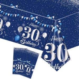 Sjzg-2 Pi&egrave;ces Nappe Bleu Marine Decor F&ecirc;te D'anniversaire Pour 30 Ans, 137x274cm Nappe Plastique Et Rectangulaire D&eacute;coration De Table Joyeux Anniversaire Pour Homme Femme D&eacute;coration Anniversaire - Neuf