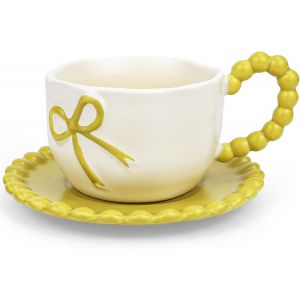 Eryi-350 Ml Jaune Noeud Tasse À Café Cute Mug Porcelaine Café Thé Tasse Céramique Tasse Avec Noeud Et Anse Set De Tasses À Café Avec Soucoupe - Neuf
