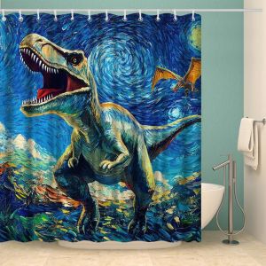 Rideau de Douche Dinosaure T-Rex Decoration Salle de Bains Bleu et Jaune avec 12 Crochets 72x72 Pouces - Neuf