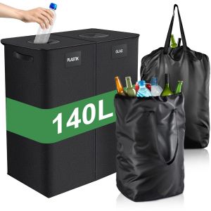 140L Poubelle De Recyclage, Rangement De Bouteilles Consign&eacute;es [Avec 2 Xxl Transport], Sac Tri Selectif, R&eacute;cipient Collecteur De Bouteilles De Tri Des D&eacute;chets Pour Verre,Le Papier,Le Plastique - Neuf