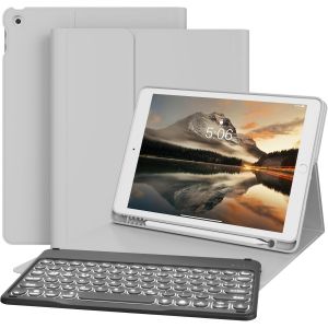 Étui avec clavier pour iPad 9/8/7 génération (2021/2020/2019) Coque arrière en TPU souple de 10,2"" avec porte-stylo, rétroéclairage 7 couleurs, clavier Bluetooth magnétique amovible, gris - Neuf