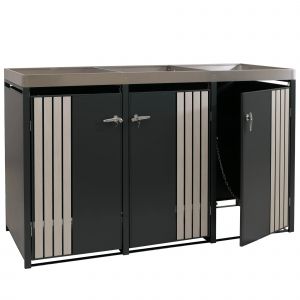 Cache-Poubelles Pour 3 Bacs Abri Pour Poubelles En M&eacute;tal Avec Bac &Agrave; Plantes 125x196x84 Cm, Env. 75 Kg Anthracite Aspect Bois Clair 04_0009318 - Neuf