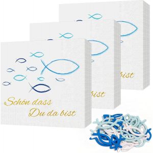 Kal-Lot De 60 Serviettes De Table En Forme De Poisson Bleu Et 45 Décorations En Bois De Poisson Pour Baptême, Communion, Confirmation Ou Autres Occasions Festives, 33 X 33 Cm - Neuf