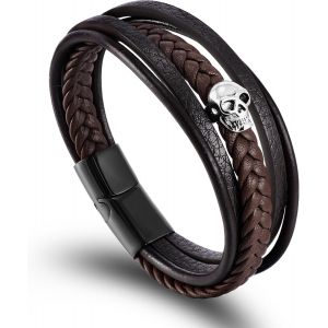 Eryi-Bracelet En Cuir Homme Bracelet Tête De Mort Tressé Acier Inoxydable 21cm - Neuf