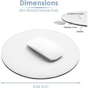 Tapis de Souris Rond en Cuir synth&eacute;tique - 220 mm - Imperm&eacute;able - avec Bords Cousus et Base antid&eacute;rapante - pour la Maison, Le Bureau, Les Jeux, Les Ordinateurs Portables - Blanc - Neuf