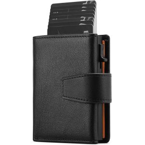 Men's RFID Blocking Credit Card Holder | Automatic Pop Up Credit Card Holder | Men's Leather Wallet with Compartment for Banknotes, ID Window, Coin Purse, A02-Black with Orange, Classic - Neuf