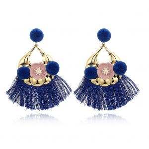 Boucles D'oreilles A Tige En Alliage Pour Femme, Style Vintage, Boule Duveteuse, Fleur, Pompons (Bleu) - Neuf