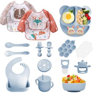 Coffret Repas Bebe 9 Pi&egrave;ces, Vaisselle Antiderapant Pour B&eacute;b&eacute; Set Silicone Avec Ventouse Assiette Bol Fourche Cuill&egrave;re Bavoir Et Tasse, Assiette Enfant Set, Sans Bpa (Vert Fonc&eacute;) - Neuf