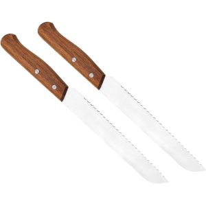 Couteau &Agrave; Pain Dentel&eacute; En Acier Inoxydable Avec Poign&eacute;e En Acacia Lot De 2 Ustensile Cuisine Ergonomique Pour Pain Fait Maison Toasts Et G&acirc;teaux Manuelle - Neuf