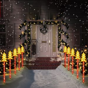 Lot De 5 Guirlandes Lumineuses Solaires En Forme De Cannes De No&euml;l Et De Flocons De Neige Avec Piquets Led Pour D&eacute;coration De No&euml;l - Neuf