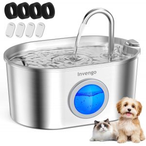 Fontaine &Agrave; Eau Pour Chat, 2,2L En Acier Inoxydable Avec Fen&ecirc;tre De Niveau D'Eau, Facile &Agrave; Nettoyer, 4 Filtres Inclus, Design Anti-&Eacute;claboussures - Neuf