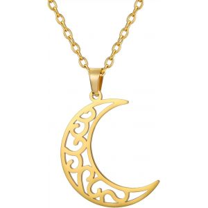 Kal-Collier Pendentif Croissant De Lune Et Etoile En Acier Inoxydable Chaîne Délicate Collier Lune Soleil Etoile Bijoux De Quotidien Cadeau Pour Femmes Filles - Neuf
