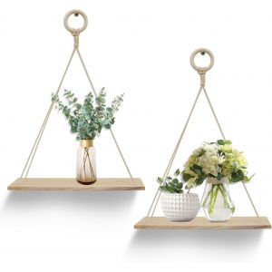 2 pcs Étagères à Corde en Bois Étagère Flottante avec Corde étagère Suspendue à la Corde Décoration Murale avec Corde Suspendue pour la Cuisine, la Chambre, la Salle de Bain, Salon,Dortoir - Neuf