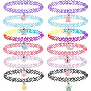 12pcs Tour De Cou Collier Pour Enfants Adolescents Filles Femmes,Pendentif Breloque Licorne Arc-En-Ciel Panda Chat Coeur Fleur Sir&egrave;ne Tour De Cou Tatouage Henn&eacute; &Eacute;lastique Noir Rose Vert Bleu Rouge - Neuf