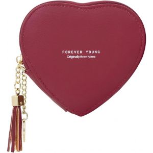 CAUC-Funincrea Porte Monnaie Femme, Mini Porte Monnaie en Cuir PU Sac &agrave; Monnaie avec Fermeture &Eacute;clair, Petite Pochette &agrave; Monnaie en Forme de Coeur avec Porte-Cl&eacute;s pour Ranger la Monnaie (Rouge) - Neuf