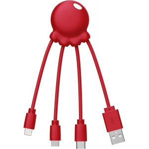 TZF-Octopus - C&acirc;ble Multi USB 4 en 1 en Forme de Pieuvre - Chargeur Universel en Plastique Recycl&eacute; - Prise USB-C, Lightning, USB-A, Micro USB pour Smartphone - Rouge - Neuf