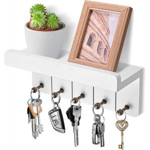Cauc-Porte-Cl&eacute;s Mural En Bois, Porte Clef Mural, Porte Courrier Mural, Avec 5 Crochets &Agrave; Cl&eacute;, Pour Salon, Salle De Bain, Cuisine, Les Entr&eacute;es, Couloirs (Blanc) - Neuf
