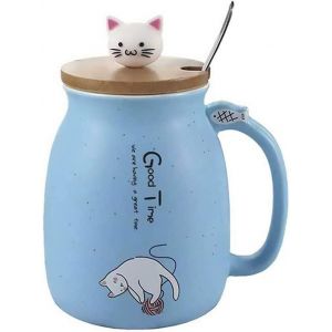 Eryi-- Tasse En Céramique De Chat Mignon Avec Cuillère Et Couvercle En Bois De Chat Tridimensionnel, Tasse À Café, Tasse À Thé, Tasse À Lait Pour Le Cadeau, Bleu 450ml/15oz - Neuf