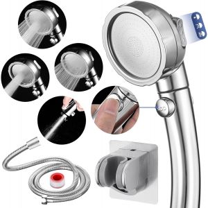 VIOU-Pommeau De Douche Haute Pression Avec Tuyau,T&ecirc;te De Douche &Eacute;conome En Eau Avec Bouton De Pause,Pommeau De Douche Universel Avec 3 Types De Jet,Pommeau De Douche Amovible Avec Tuyau Et - Neuf