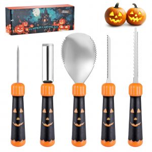 Kit D'outils Pour Sculpture De Citrouille D'halloween 5 Pieces Haushof, Outils Professionnels Avec Cuillere, Scie, Perceuse, Et Gouge A Motif, Couteaux En Acier Inoxydable Pour Diy Halloween Decoration - Neuf