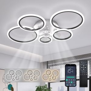 SUBZONAL-Lampe Ventilateur Plafond Noir Moderne Silencieux Cercle Plafonnier Ventilateur avec Telecommande Moteur DC R&eacute;versible Mode Et&eacute; Hiver pour Chambre Salon Cuisine, 100cm - Neuf