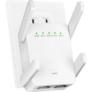 Répéteur WiFi Amplificateur WiFi Signal Booster,4 Antennes WiFi Extenders,2 Ports LAN,Repeteur WiFi,Mode Répéteur & Routeur & AP,Couverture WiFi de 200 m²,for Home and Offices - Neuf