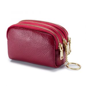 Porte-monnaie zippé en cuir véritable bordeaux 3 compartiments, pochette triple capacité, petit portefeuille de voyage avec porte-clés pour femme - Neuf