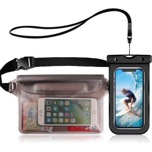KALANKA-2 en 1 Kit Sac avec Pochette Étanche Téléphone, Etui Imperméable à Ceinture avec Housse Étanche Smartphones pour Camping Nautique Kayak Pêche Rafting Natation (Noir translucide) - Neuf