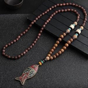 Collier Pendentif Style Ethnique Vintage Bois Perl&eacute; Fait &Agrave; La Main Femmes Pull Collier Bijoux Cadeau Accessoires De Mode - Neuf