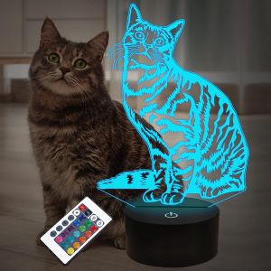 Chat Pet Cadeaux Pour Enfants Filles, 3d Illusion Led Lampe Chat Veilleuse Avec Télécommande 16 Couleurs Changeantes Décoration Lampes De Chevet - Neuf