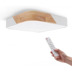 Kal-- Plafonnier Led Carré Blanc 24w Avec Télécommande, Réglable 2700k-6500k Du Blanc Froid Au Blanc Chaud Et Intensité, 2400lm, Design Blanc Avec Bois Naturel, Pour Salle De Bain, Cuisine - Neuf