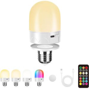 E27 Ampoule Rechargeable Avec Télécommande,Usb Ampoule À Piles Pour Lampe,Ampoule Rgb Couleur,12 Couleurs À Température Dimmable,3 Minuteries,Veilleuse Sans Fil,800lm,2200mah,1 Pack - Neuf