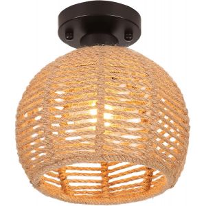 KAL-Plafonnier Vintage Industrielle, E27 Lampe De Plafond Rétro, Ø20Cm Bois Abat-Jour Cage En Forme Diamant En Métal Et Corde De Chanvre, Lumière Au Plafond Pour Salon Salle Chambre, Noir - Neuf