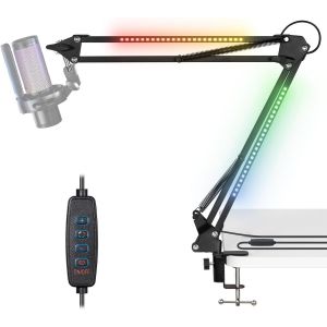 ChenQuanSarl-Bras Micro Avec Lumi&egrave;re Rgb, Suspension Supports De Microphone R&eacute;glable Avec Support De Bureau, T&eacute;l&eacute;commande, Adaptateur 3/8"", Pour Jeux/Studio/Youtuber/Podcasting - Neuf