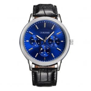 Style Hommes Affaires Pu Strap Cadran Rond Montre Quartz Mouvement Analogique Montre-Bracelet (Noir + Bleu) - Neuf