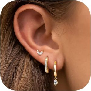 Kal-3 Paires De Boucles D'oreilles En Or Pour Femmes Et Filles Ensemble Hypoallerg&eacute;nique En Argent 925 Avec Cr&eacute;oles Et Clous D'oreilles Plaqu&eacute; Or 14k Avec Papillon Et Zircon - Neuf