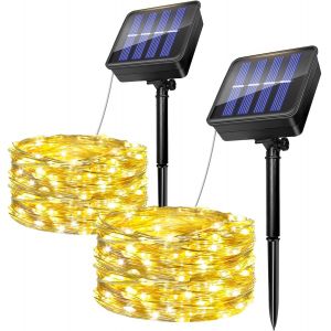 Lot de 2 Guirlande Lumineuse Exterieure Solaire, 5M 50 LED Guirlande Exterieur Fil de Cuivre, 8 Modes IP65 Etanches Lumi&egrave;re Solaire D&eacute;coration pour Jardin Terrasse No&euml;l F&ecirc;te (Blanc Chaud) - Neuf