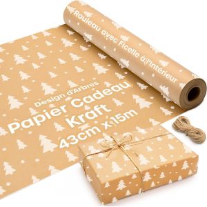 Papier Kraft Rouleau Avec Design De Arbres - 15 M X 43 Cm Rouleau Papier Cadeau Avec 2 Ficelles En Jute - Id&eacute;al Comme Emballage Cadeau Et Papier Cadeau No&euml;l - Neuf