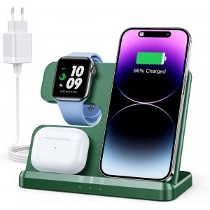 JGD-Chargeur Induction 3 en 1 pour iPhone 17 Pro Max 16 15 14 13/Samsung, Station de Charge pour Apple Watch Ultra 3/11/10/9/Ultra 2/SE/8/7/6/5/4, Base Chargeur pour Air Pods Pro 3 2 1/4/3/2 (Vert) - Neuf