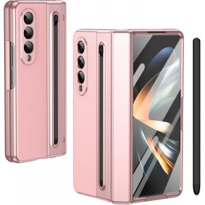 pour Galaxy Z Fold4 &Eacute;tui avec Stylet et Emplacement pour Stylet, Protecteur d'&eacute;cran tremp&eacute; + Protection de charni&egrave;re Housse en Cuir pour Samsung Galaxy Z Fold4-Rose - Neuf