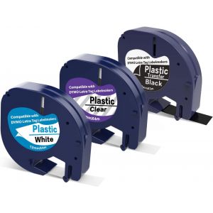 Lot de 3 rubans d'&eacute;tiquettes en plastique compatibles avec Dymo letraTag 12 mm Noir sur blanc/transparent Blanc sur noir Fonctionne pour Dymo Letratag LT-110T 100H QX 50 XR XM 2000 - Neuf