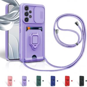 Kal-Cordon De Coque Pour Samsung Galaxy A33 5g,Couvercle Coulissant De La Caméra+Support Annulaire À 360 Degrés,Fentes Pour Cartes Lanyard Silicone Case -Pourpre - Neuf