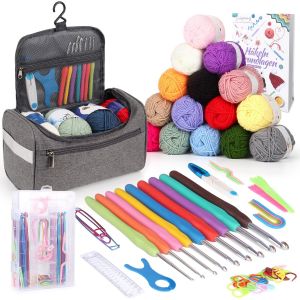 MEVRONISSHOP-Kit Crochet D&eacute;butant Complet Portable, avec 15 Pelotes de Laine, Accessoires de Crochet Trioct, Kits de Crochet Ergonomique avec Poign&eacute;e Douce, Crochets en M&eacute;tal de 2,0 &Agrave; 10mm, Gris Clai - Neuf
