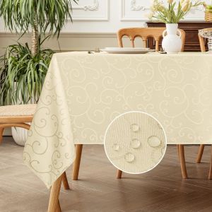 Nappe Carr&eacute;e 160x160 Cm Beige Jacquard Nappes Anti Tache,Lavable,R&eacute;sistant &Agrave; L'eau Tissu Decoration Petite De Table Pour Printemps,Paques,Fete,Anniversaire,Mariage,Ext&eacute;rieurs,Jardin,Buffet - Neuf
