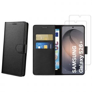 Coque pour Samsung Galaxy S26 PLUS et 2 Verres Tremp&eacute; - Portefeuille Noir Rabat Clapet Aimant&eacute; Rangement Cartes Phonillico&reg; - Neuf