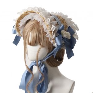 Chapeau De Soleil En Paille Tressee Avec Ruban En Dentelle Et Fleurs Pour Femme, Style Victorien, Ideal Pour Le The De L'apres-Midi, Bleu Clair, Taille Unique - Neuf