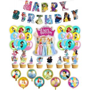 ChicSlick-Décoration De Fête Princesse 42Pcs Princesse Anniversaire Décoration Bannière De Joyeux Anniversaire Ballons En Latex Aluminium Gâteau Topper Décorations De Fête À Thème Princesse [X1133] - Neuf