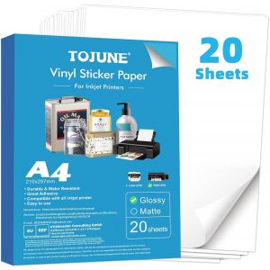Papier Vinyl Autocollant Imprimable pour Imprimante &Agrave; Jet D'encre, A4-21x29.7 cm, Imperm&eacute;able, D&eacute;coupe Arbitraire, Support Adh&eacute;sif (20 Feuilles) (Blanc Lisse) - Neuf