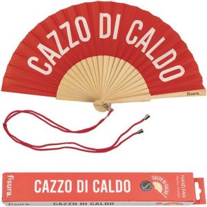 Éventail avec Message en Italien c*zzo di Caldo. Éventail Moderne et Amusant en Bois. Éventail Pliant Rouge et Blanc. Mesures : 42,5 x 23 cm. Bois et Textile. - Neuf